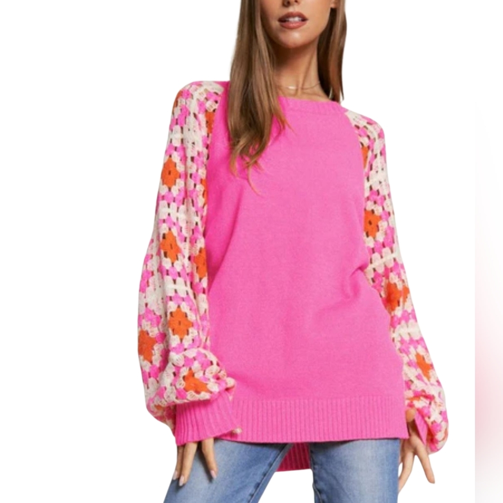Davi & Dani Women's Pink Crochet Sleeve Sweater Small Crewneck Pullover Top